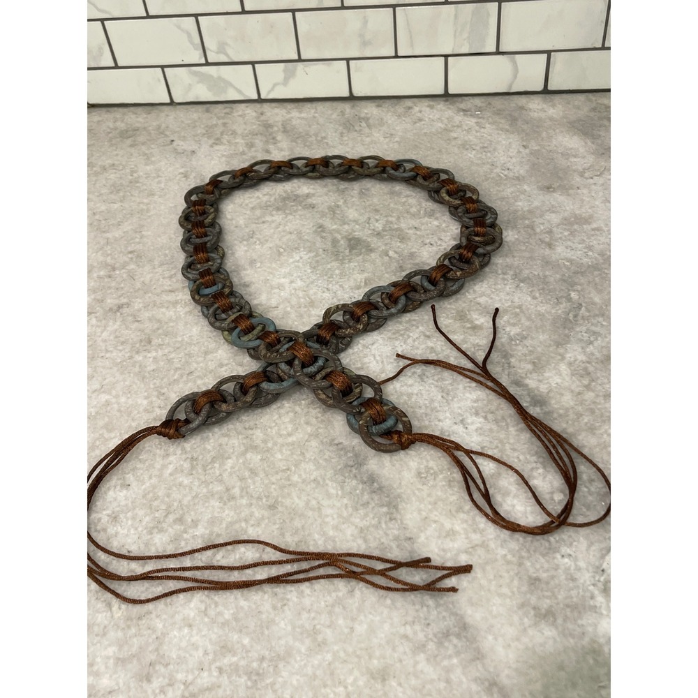 Bohemian Belt Womens M Brown Blue Resin Ring Chain Link Boho Tie Waist Hip